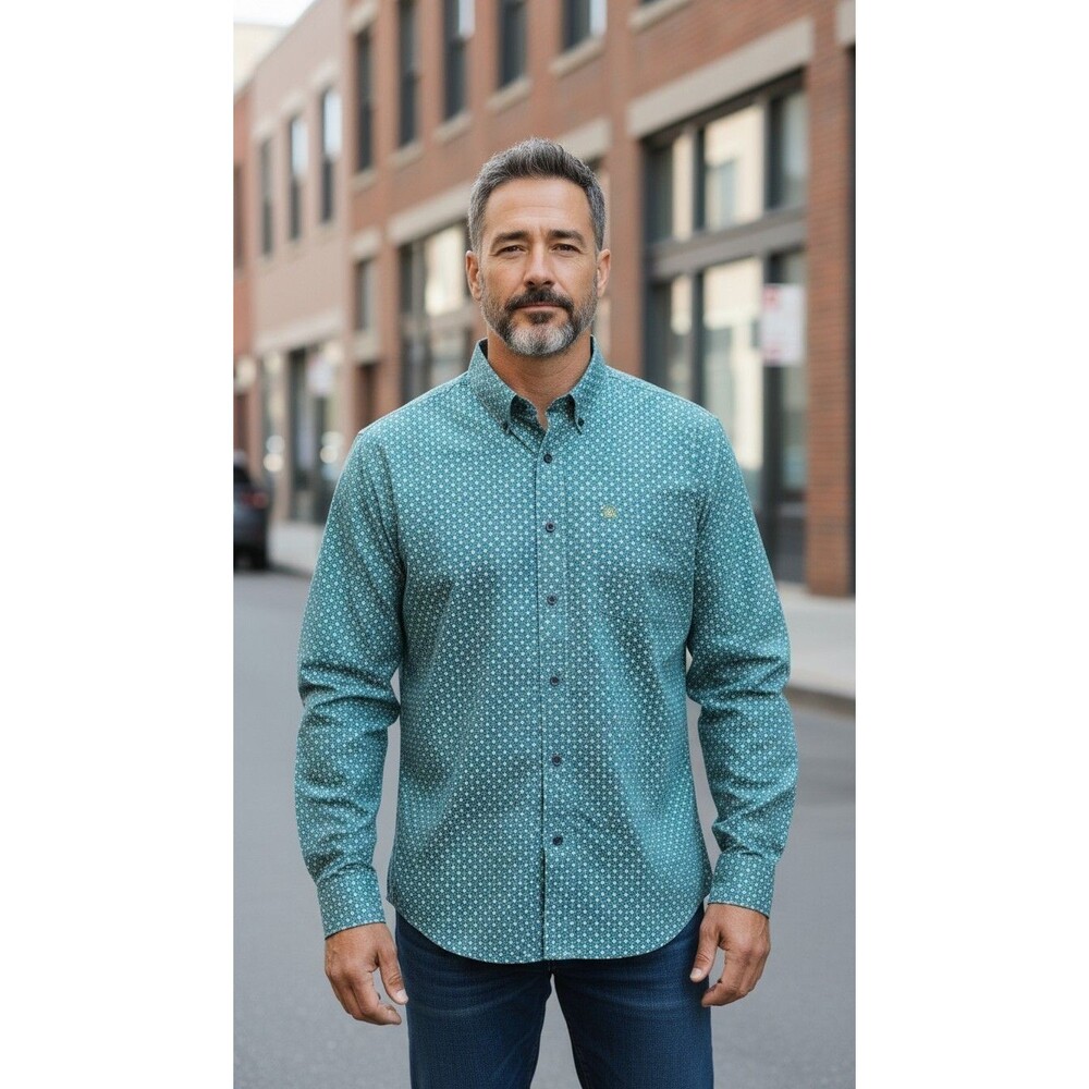 Cinch Long Sleeve Button Down Shirt L Teal Green Ditzy Floral Micro Print NWOT